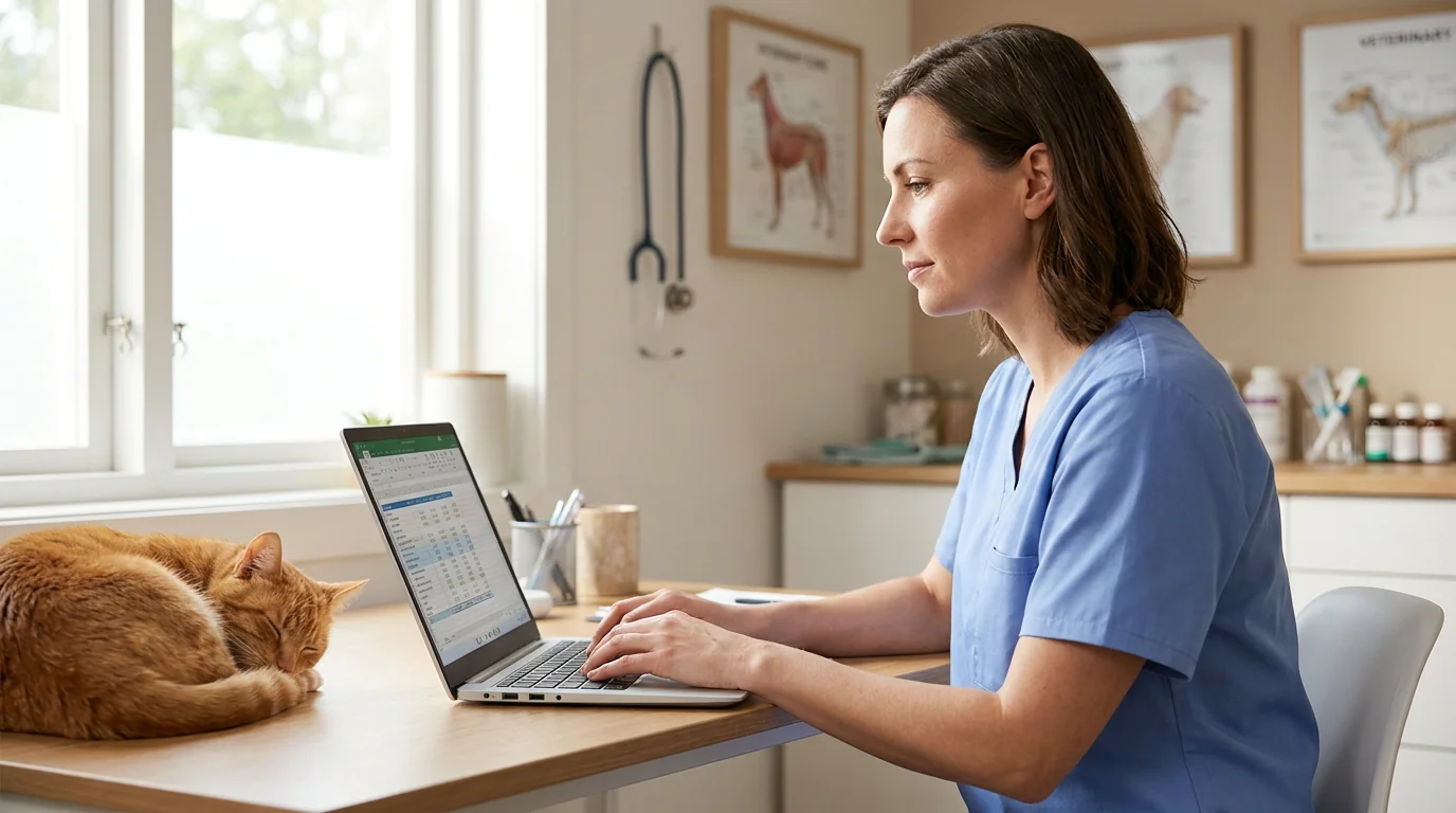 Veterinary clinic owner reviewing practice financing options